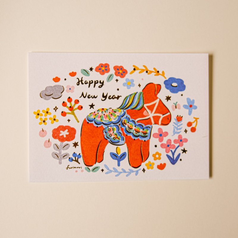 新年燙金明信片 達拉小紅木馬 - 卡片/明信片 - 紙 