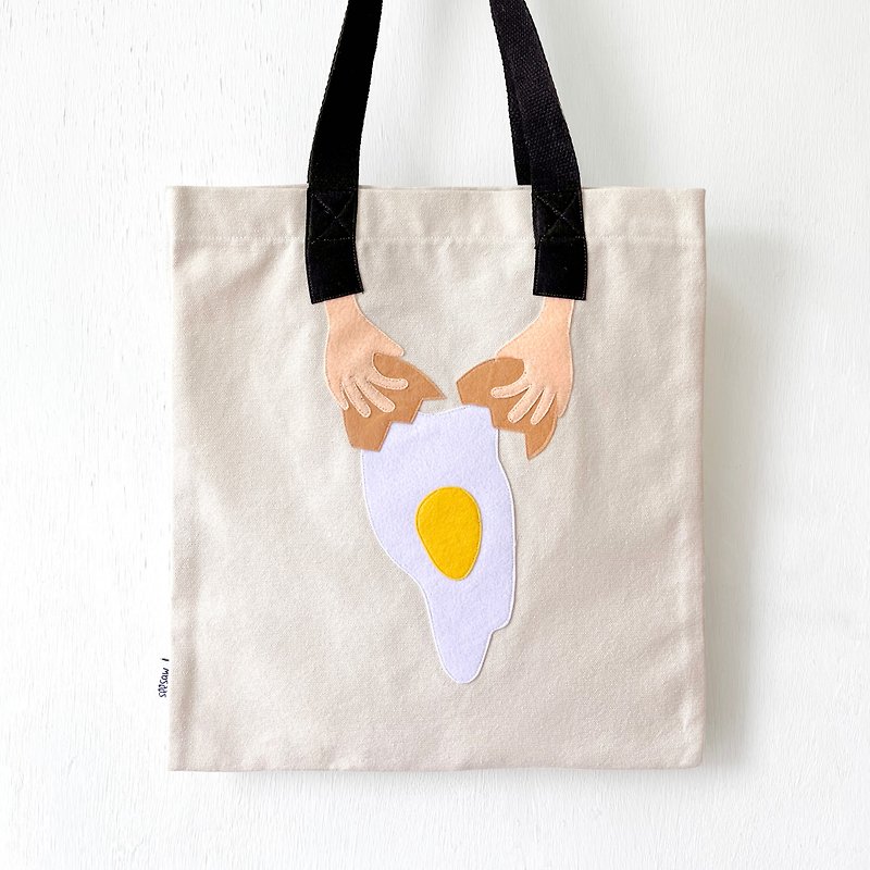 打雞蛋, 手連肩帶厚帆布布袋, 全人手製Tote Bag - 側背包/斜孭袋 - 棉．麻 橘色