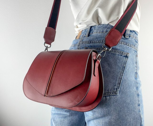 Burgundy leather saddle bag Burgundy leather crossbody Burgundy