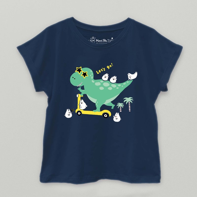 麻糬兔與暴龍溜滑板T-shirt - 女上衣/長袖上衣 - 棉．麻 藍色