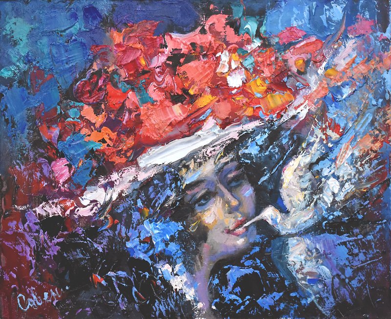 Girl Painting 油畫原作 Original Art Portrait Woman Bird Hat Flower Small Artwork - 掛牆畫/海報 - 木頭 多色