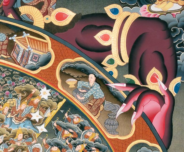 チベットの生命の輪タントラ画 — カルマ、輪廻、悟りの象徴