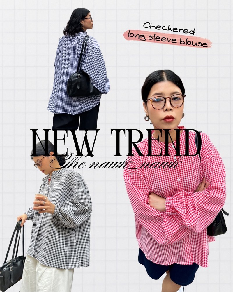 checkered long sleeve blouse - 女上衣/長袖上衣 - 其他材質 黑色