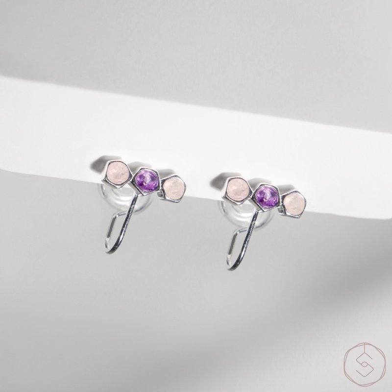 MUSE | Amethyst pink crystal S925 sterling silver | Two-color three-diamond Clip-On - ต่างหู - คริสตัล สึชมพู