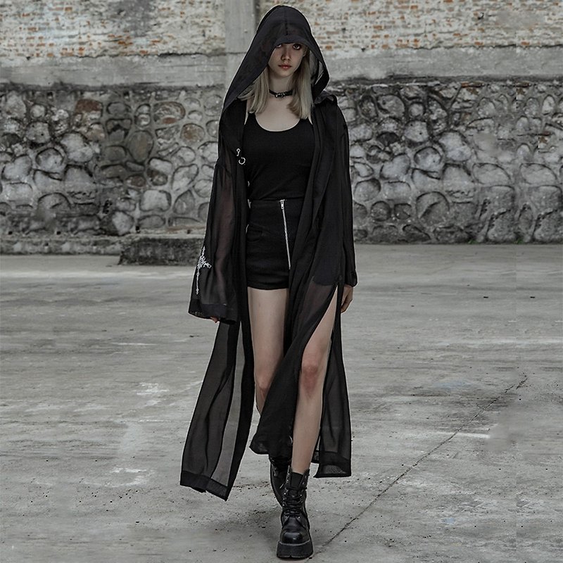 Gothic Chiffon Cross Stealth Witch Robe - Women's Casual & Functional Jackets - Other Materials Black