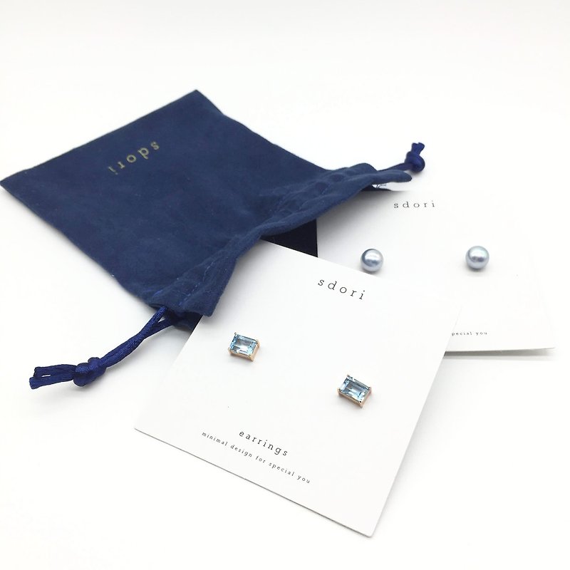 Goody Bag-藍色控天空藍托帕石長方石&藍染珍珠純銀耳環|限量福袋 - 耳環/耳夾 - 其他金屬 藍色