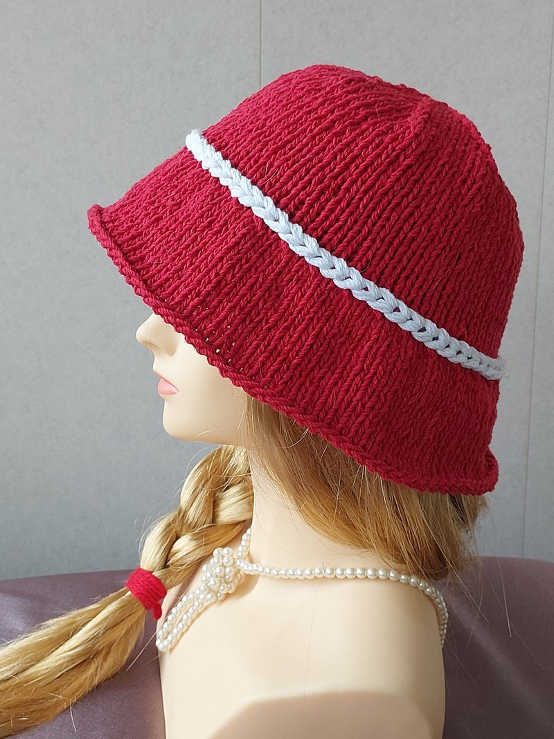 Bucket hat with decor. Red with white color - Hats & Caps - Wool Red