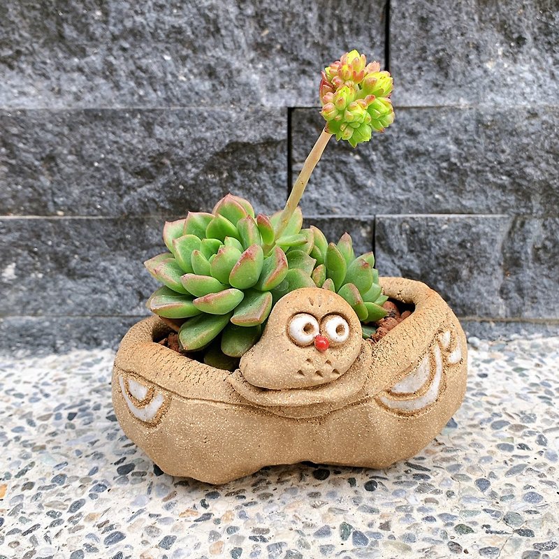 Firework eagle│Yoshino eagle x Owl pottery medium-sized flower pot (with fleshy) ・ handmade ・ creative gift - Plants - Pottery Khaki