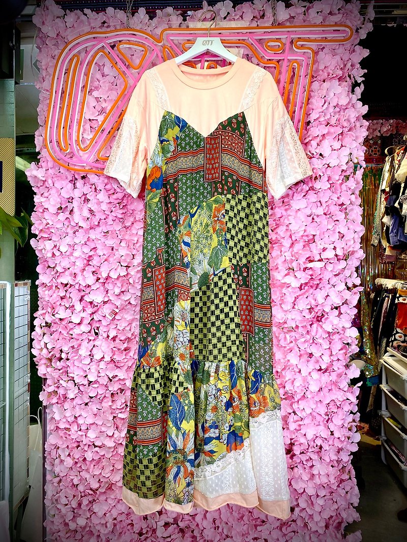 OTT unique•Unique*Japanese fake two-piece patchwork floral dress Flower Dress* - One Piece Dresses - Cotton & Hemp Multicolor