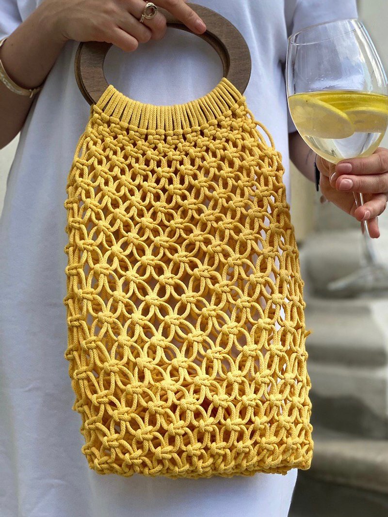 Cute bag Yellow | Woven handmade bag Handbag birthday present Beverage Bag - 手袋/手提袋 - 棉．麻 黃色