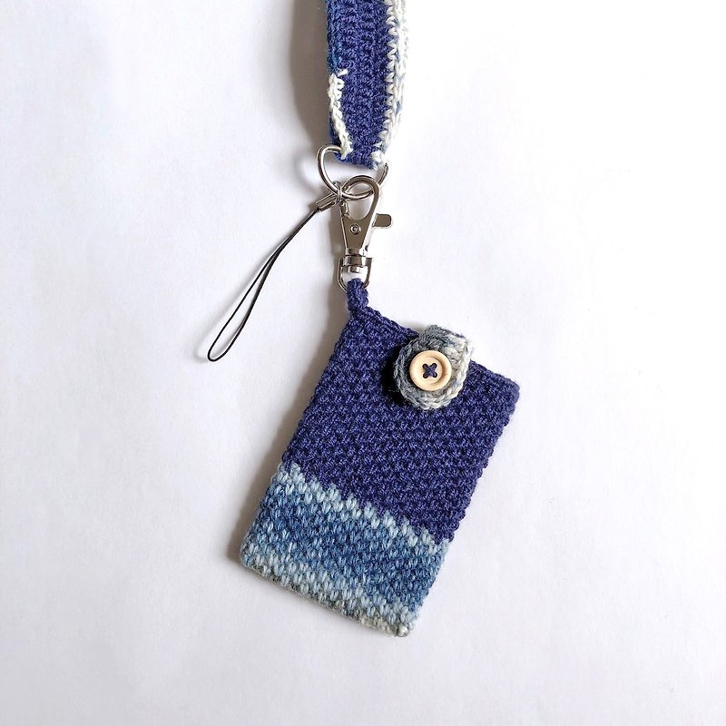 Crochet _ mobile phone lanyard / card holder _ dark blue - อุปกรณ์เสริมอื่น ๆ - ผ้าฝ้าย/ผ้าลินิน สีน้ำเงิน