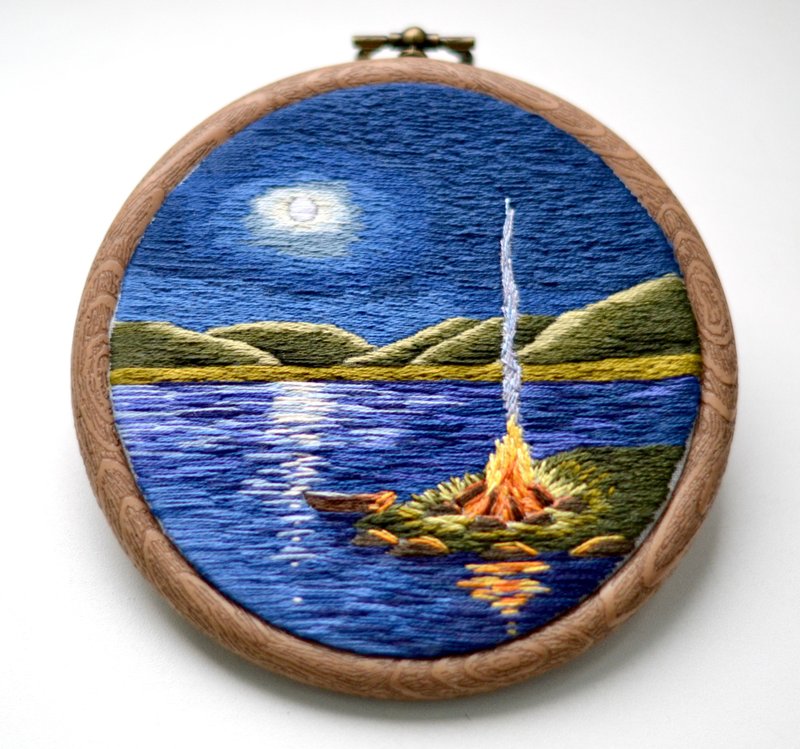 Night Landscape Embroidery Art, Hand Embroidery, Thread Painting, Hoop Art - Wall Décor - Thread Multicolor