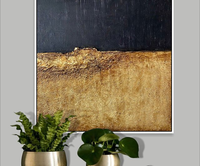 大きなモダンな抽象画、黒と金のテクスチャキャンバスアート