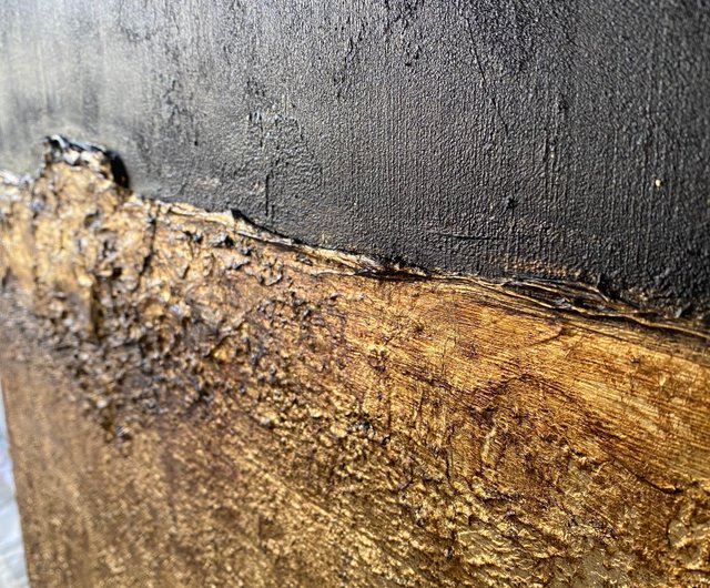 大きなモダンな抽象画、黒と金のテクスチャキャンバスアート