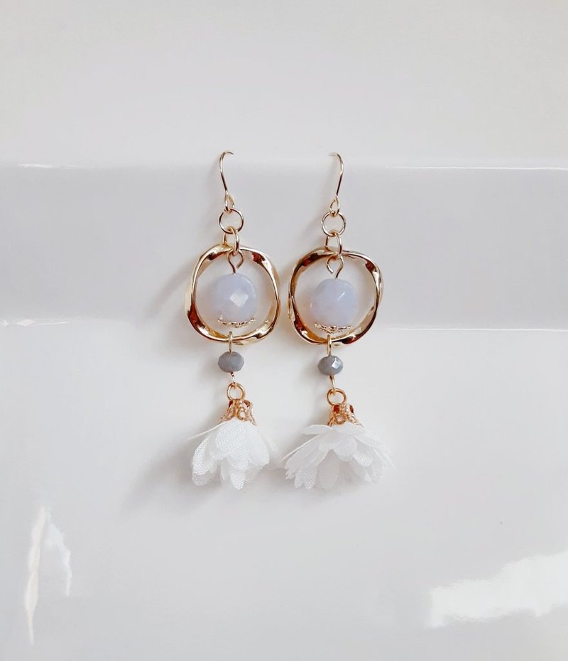 Stylish earrings with twisted hoops and flower tassels. White color. Cute and lightweight. Birthday present. Can be changed to hypoallergenic earrings or Clip-On. - Earrings & Clip-ons - Glass White