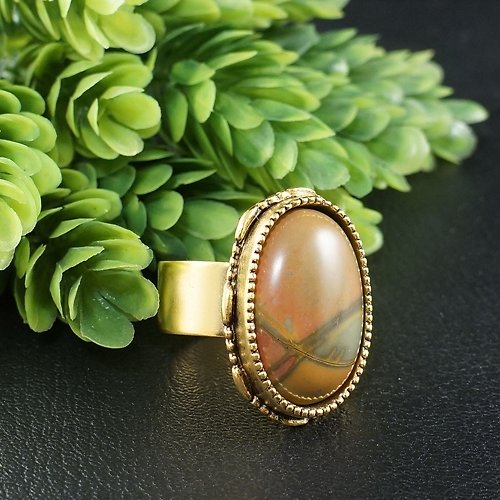 AGATIX Picasso Jasper Adjustable Ring Large Boho Oval Golden Stone Ring Woman Jewelry