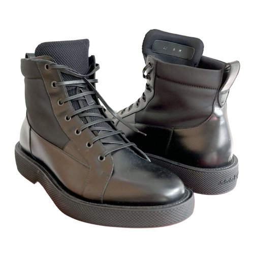 Travel Genius 中古店 43號全新Ferragamo黑色真皮拼帆布皮靴皮鞋 上班西裝正裝禮服司儀