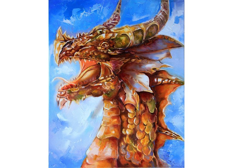 Painting dragon fantasy painting original art Wall art oil painting on canvas. - โปสเตอร์ - วัสดุอื่นๆ หลากหลายสี