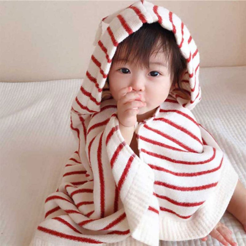 【kontex】100% Japanese cotton hooded towel/bath towel-stripe (red) - Other - Cotton & Hemp Multicolor