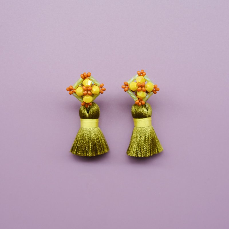 Chartreuse Yellow Old Taiwan Tile Tassel Earrings, Earrings Clip - ต่างหู - แก้ว สีเหลือง