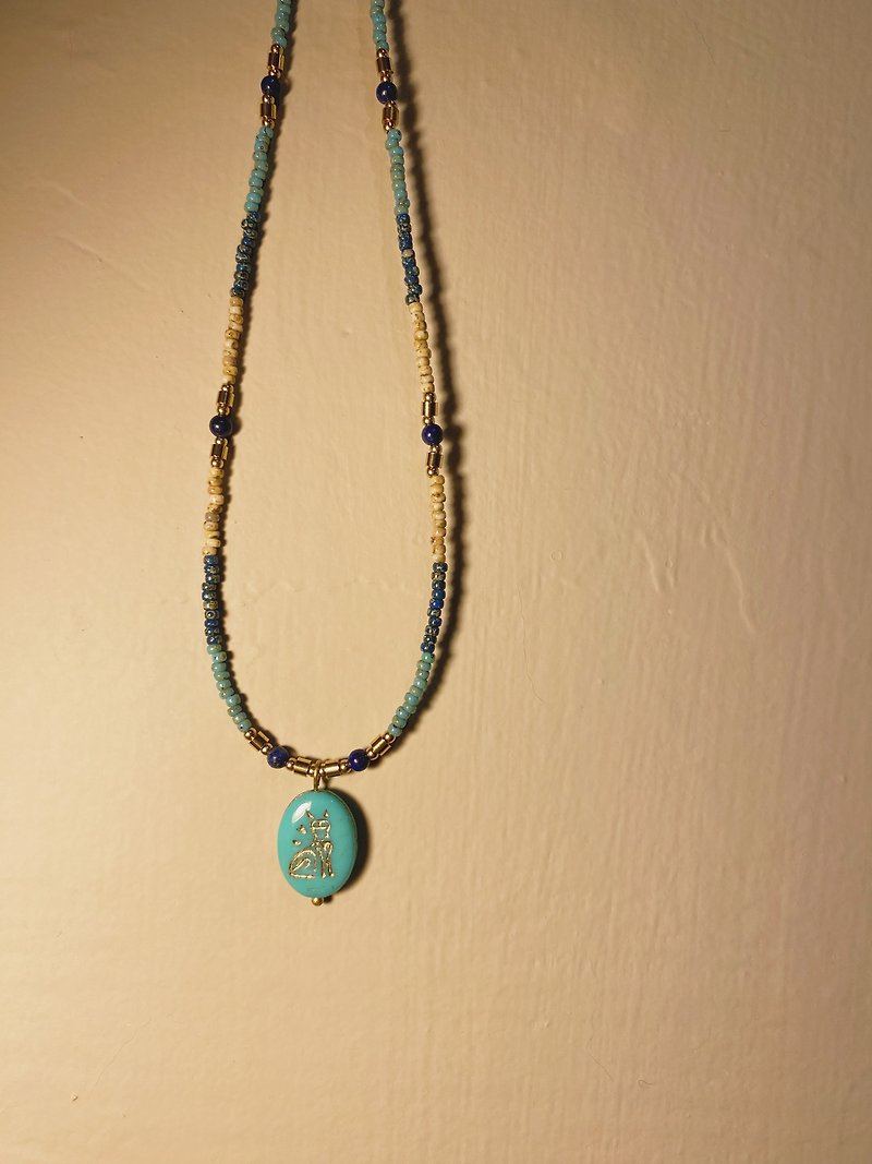 Egyptian Cat God Antique Bead Necklace/Multiple Circle Bracelet - Necklaces - Colored Glass Blue