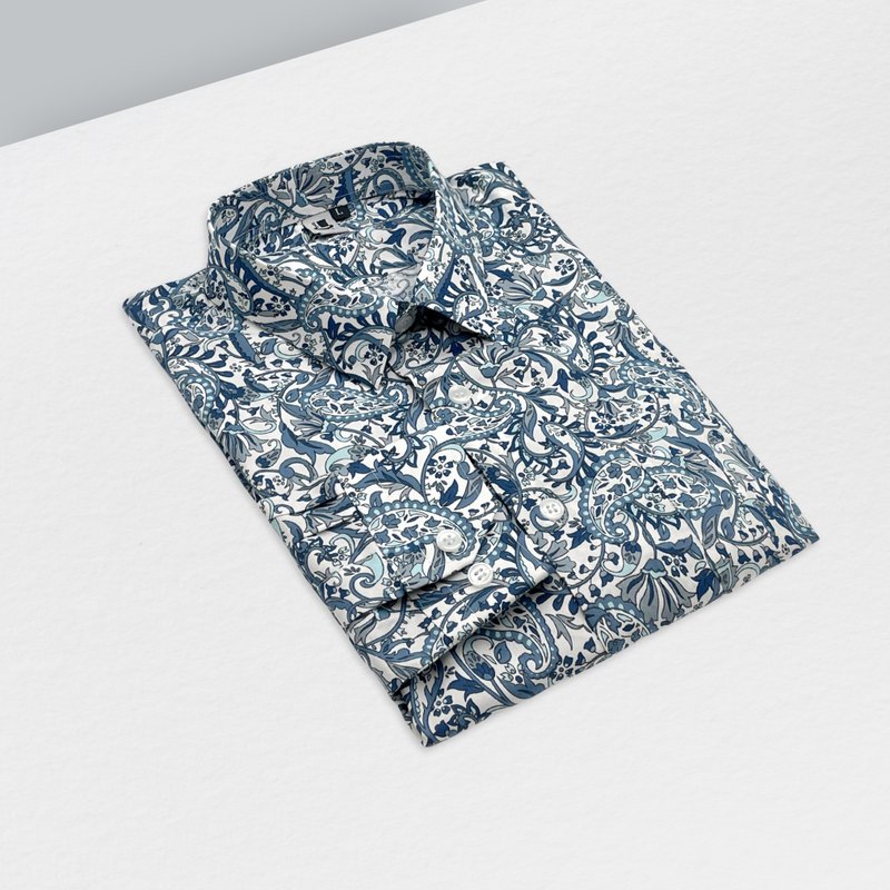 青花瓷變形蟲襯衫-青花藍圖騰細節滿載  典雅又帶點文藝氣息 - 男襯衫/休閒襯衫 - 棉．麻 藍色