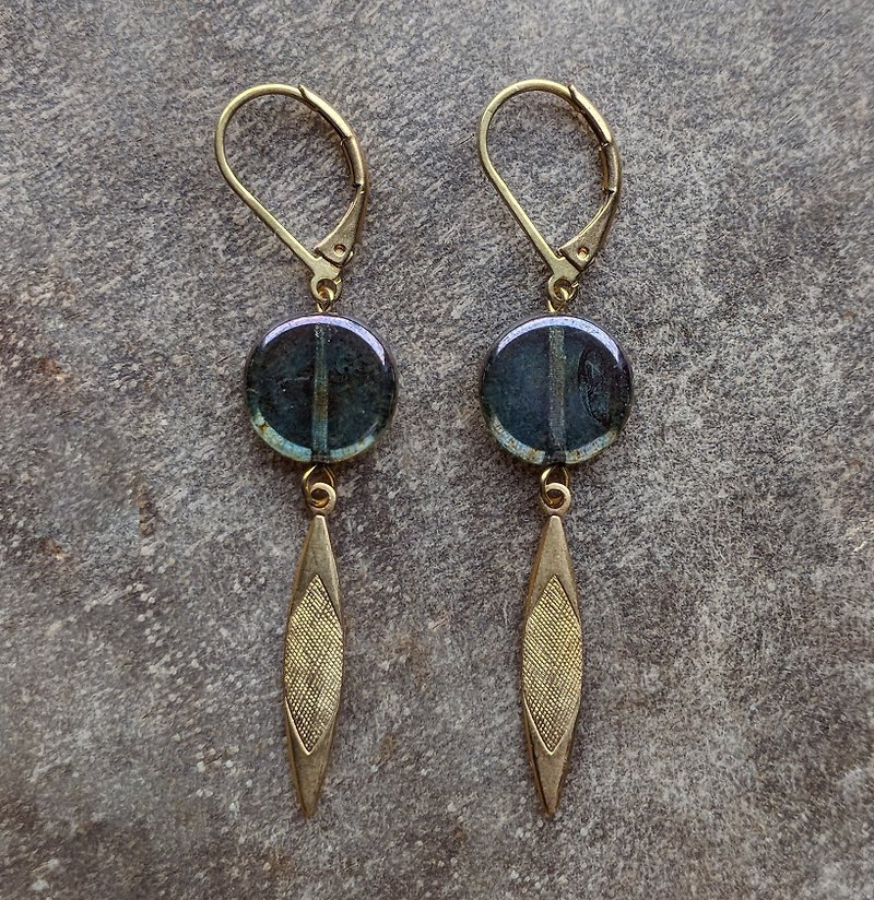 Moss Green Glass and Brass Drop Earrings - Earrings & Clip-ons - Glass Green