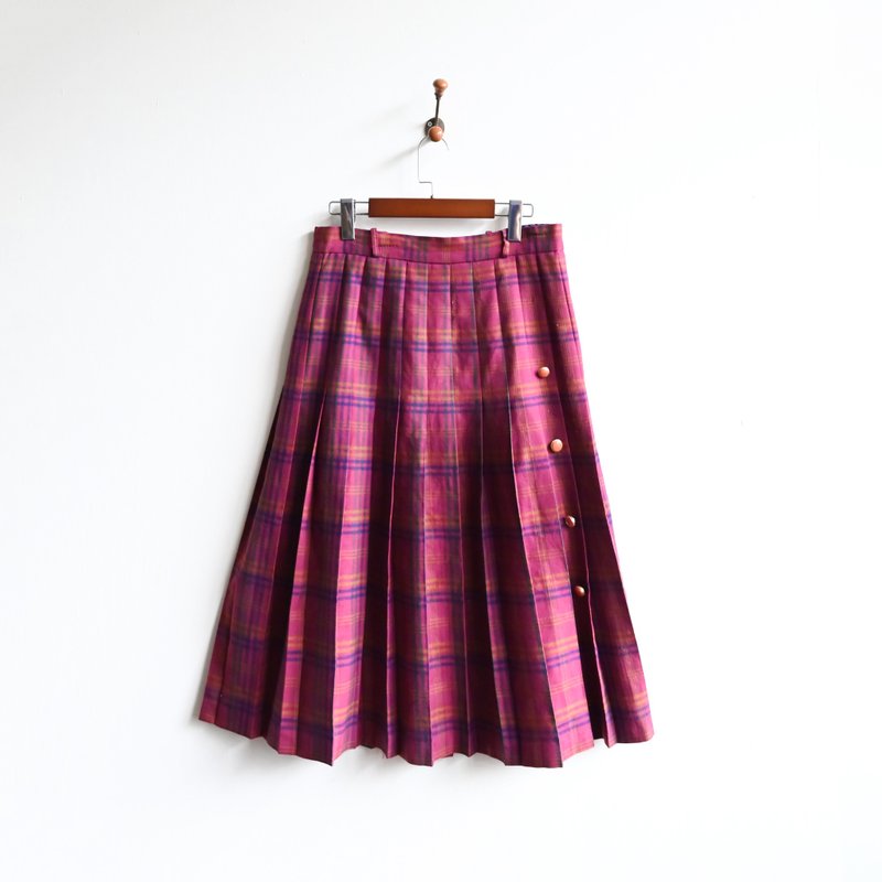 【蛋植物古著】鮮明格紋絨面百褶古著長裙 - 裙子/長裙 - 其他人造纖維 