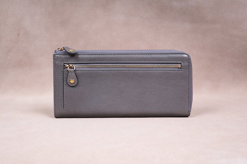 Italian Vegetable Genuine Leather Lady Long Wallet Zipper Wallet Purs gray - 長短皮夾/錢包 - 真皮 灰色
