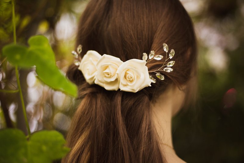 Real touch rose bridal hair comb for ivory wedding. - 髮夾/髮飾 - 其他材質 白色
