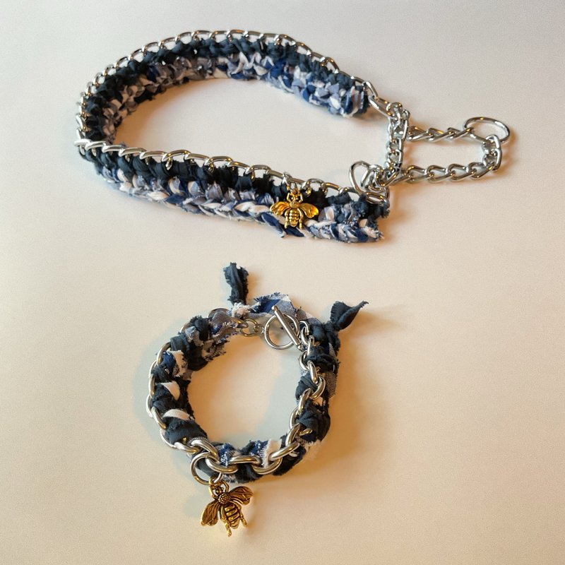アップサイクル　ペットペア　dog collar & bracelet　ブルー Mサイズ - 項圈/牽繩 - 棉．麻 藍色