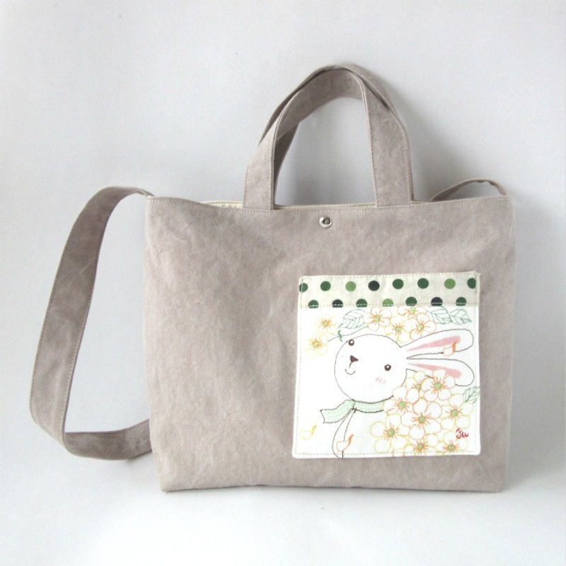 花園兔─長短把兩用托特包、肩背包、手提包(訂製) - 側背包/斜孭袋 - 棉．麻 灰色