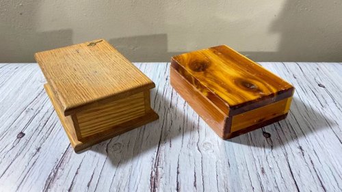 ヴィンテージ木製ジュエリーボックス、1980年代の記念品ボックス、小物