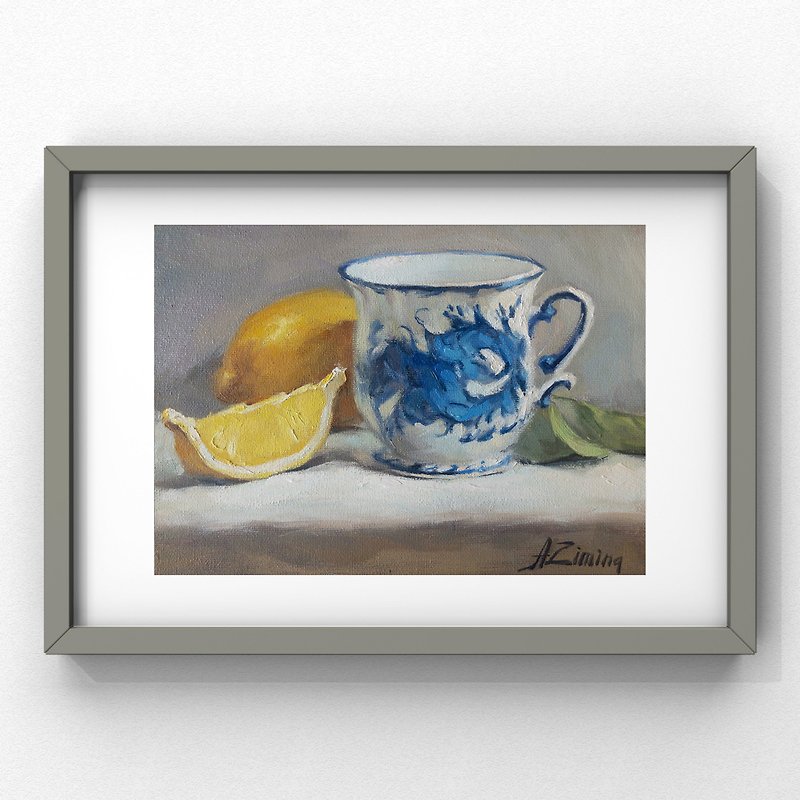 Original oil painting still life Fruit painting Lemons and blue white tea cup
