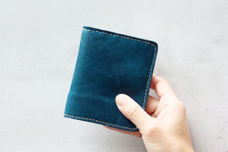 Italian leather short clip wallet navy blue original leather color free lettering - Wallets - Genuine Leather Blue