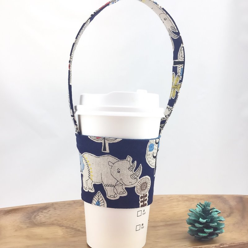 Wrap Wind Animal Night - Rhinoceros and Toucan Style - Drink Cup Holder - Fixed Straw - ถุงใส่กระติกนำ้ - ผ้าฝ้าย/ผ้าลินิน 
