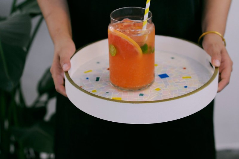 簡單美 / 原創彩色玻璃馬賽克裝飾托盤 收納水杯水果放置糕點盤 - 托盤/砧板 - 木頭 