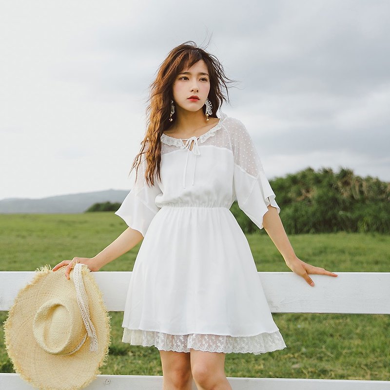 安妮陳2018夏裝新款荷葉邊袖收腰連身裙洋裝 - 連身裙 - 其他材質 白色