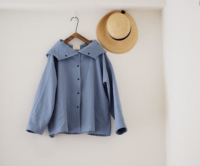 Cape-style hooded short coat smoke blue - Shop amerryheart Unisex