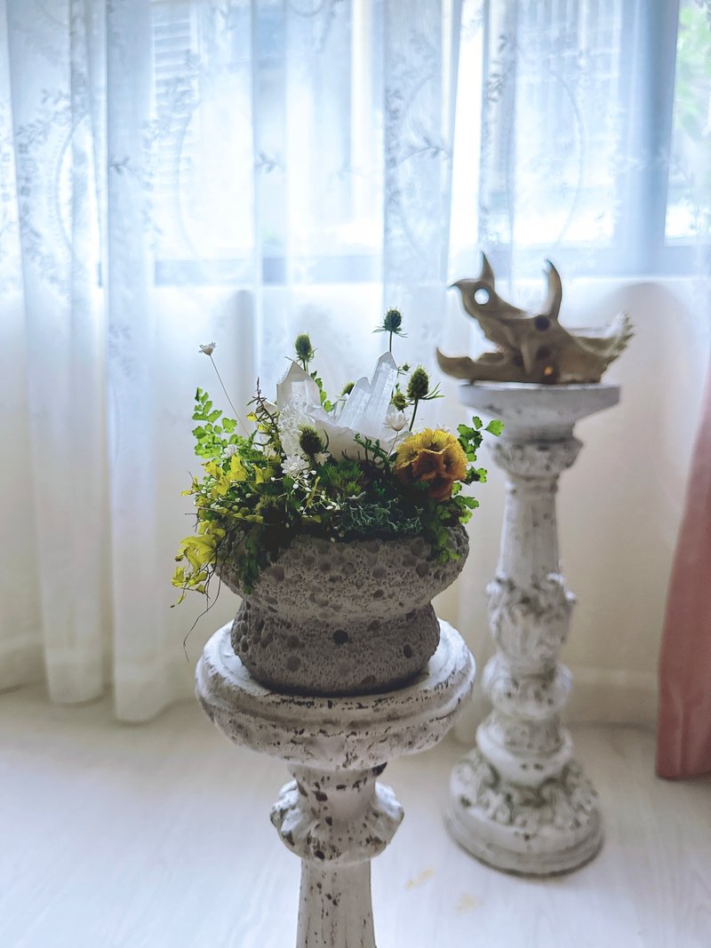 白水晶簇 森林迷蹤 小山丘。永生葉材綠植栽 - 植栽/盆栽 - 水晶 白色
