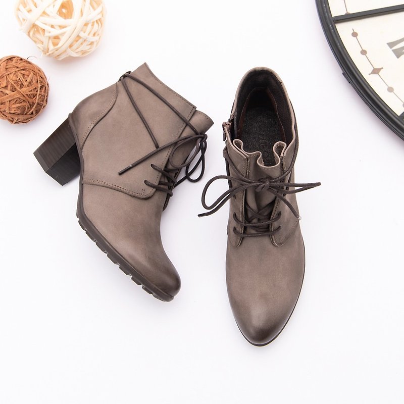 [Ge Bengen] Scorched top layer cowhide around the ankle side zipper heel boots_Grey Jazz