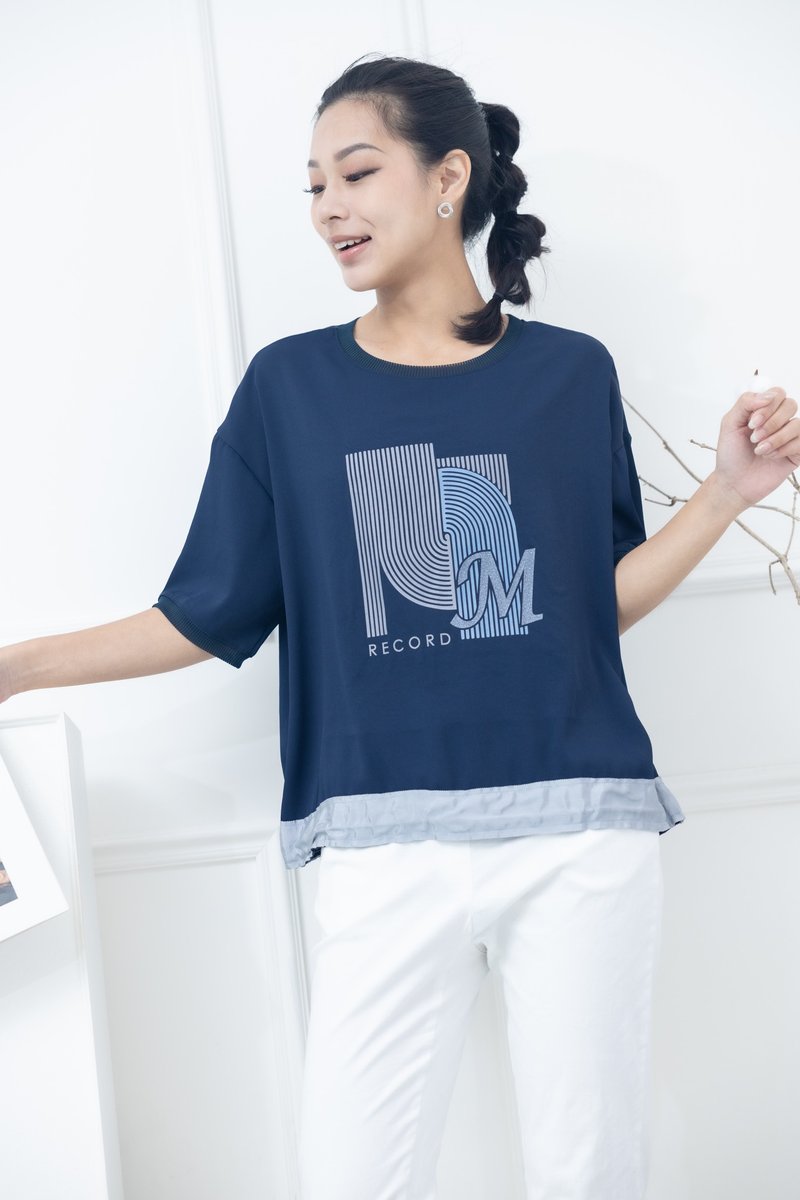 NM英文字衣襬灰色抽繩上衣 深藍色 - 女 T 恤 - 其他材質 藍色