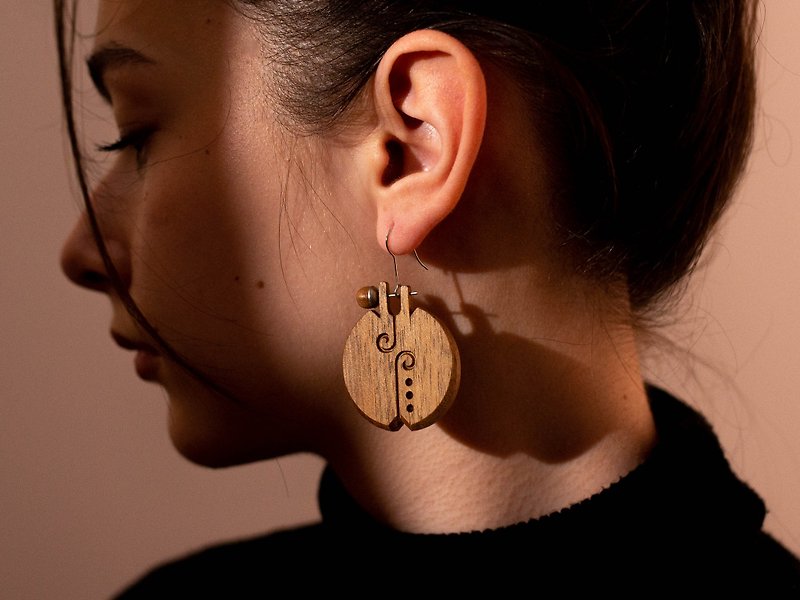 Wooden Dangle Earrings - Ash and Walnut Wood Jewelry, Gift for Her, Big Boho - ต่างหู - ไม้ 