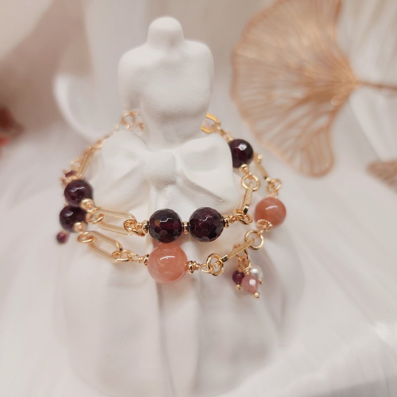 星落琥珀  紅石榴石 橙月光 紅膠花  雙圈手鍊 - 手鍊/手環 - 水晶 紅色