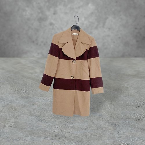 蘿綺莉蕾芭索 二手 棕咖啡配色 毛料布 拼接 合身 外套 大衣 OPME16