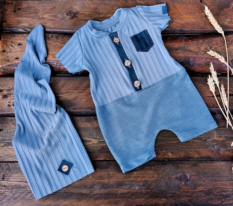 Newborn boy outfit, Baby Boy Overalls, baby boy romper baby boy hat, Sleep Hat - 包屁衣/連身衣 - 其他材質 藍色