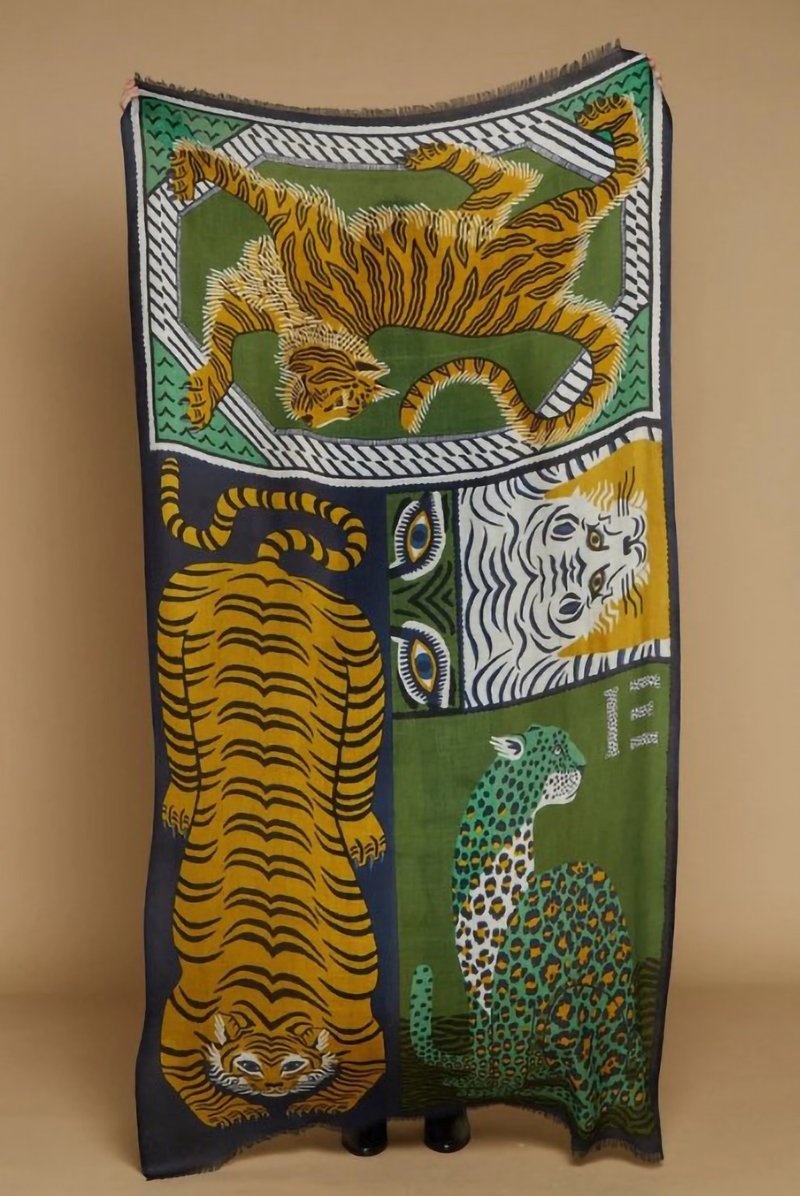 INOUI EDITION 莫代爾棉圍巾|百變曼陀羅虎 長巾|Green - 絲巾 - 絲．絹 綠色