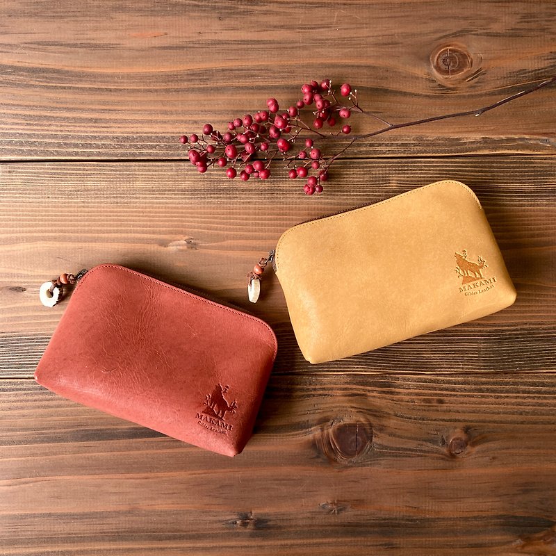 鹿の角飾りポーチ - 化妝袋/收納袋 - 真皮 黃色