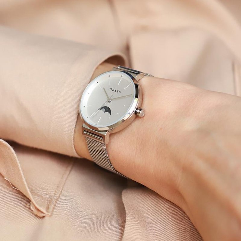 OBAKU OBAKU unique romantic star and moon display watch- Silver X White-32mm (V243LMCIMC) - นาฬิกาผู้หญิง - สแตนเลส หลากหลายสี