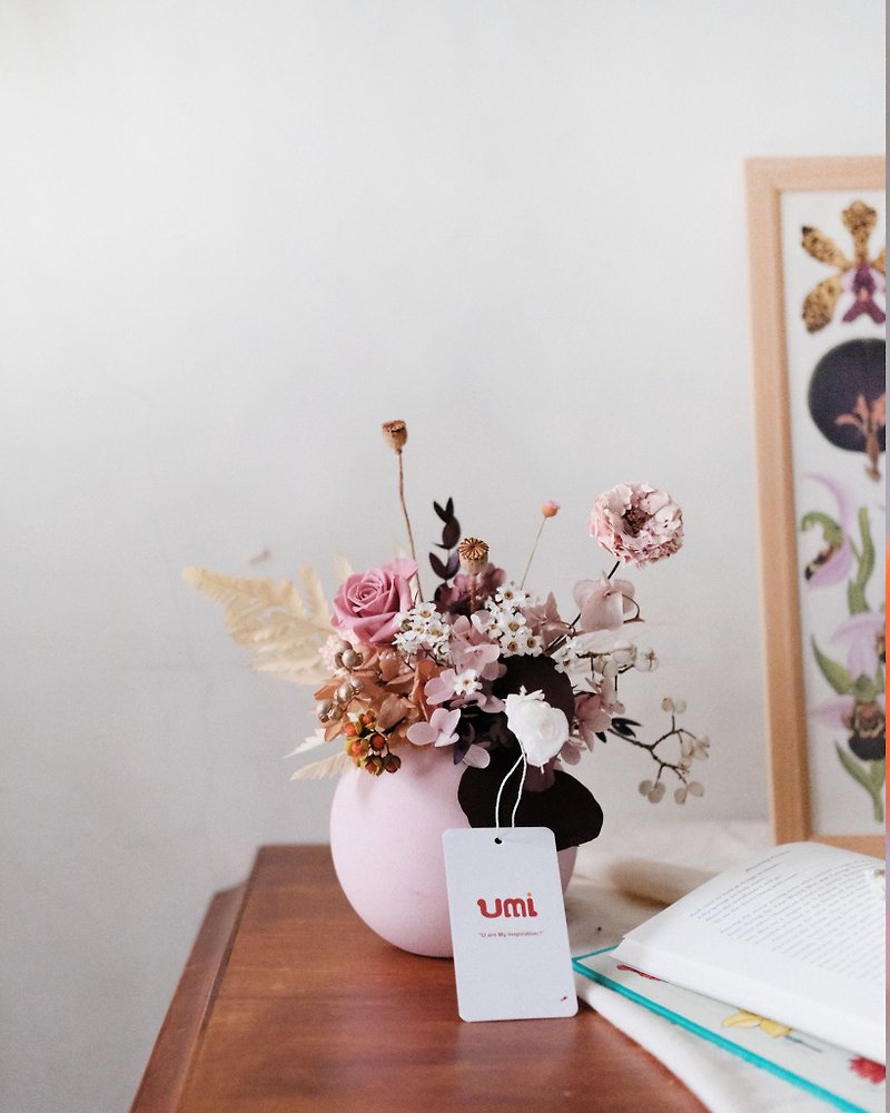 Vintage pink dry flower/immortal potted flower/opening potted flower/birthday gift - ช่อดอกไม้แห้ง - พืช/ดอกไม้ 